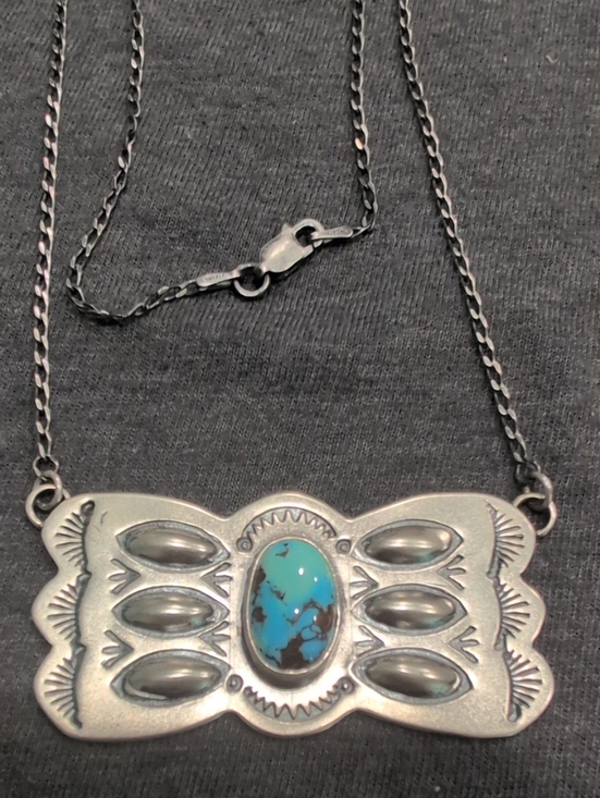 Native American Jewelry - Sterling Silver Turquoise Pendant Necklace - Bright Blue Turquoise Accent